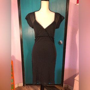 Y2K Short Sleeve Black+White Polka Dot V Neck Lettuce Hem Midi Dress
